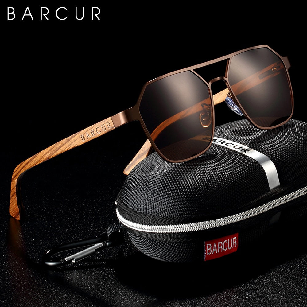 BARCUR  Zebra Wood Polarized Sunglasses With Hexagon Metal Frame and EVA Box, UV400