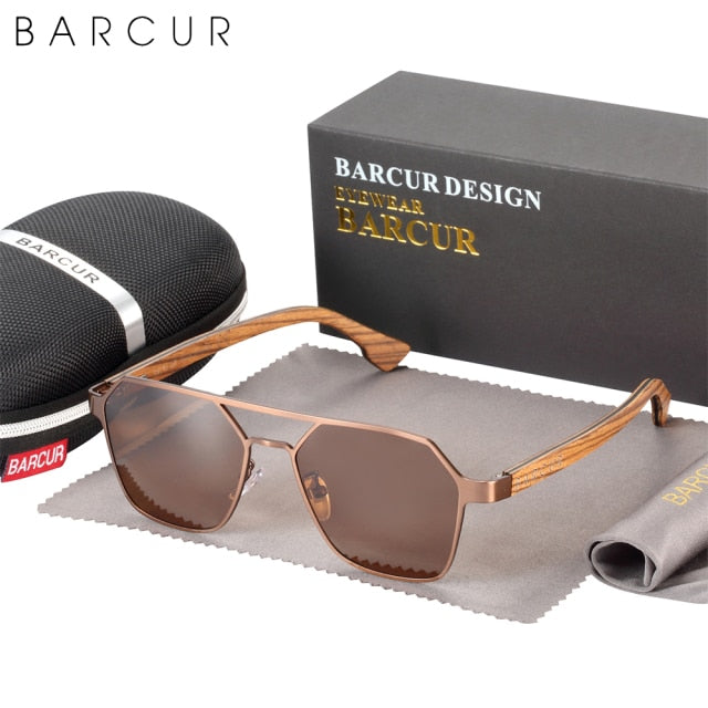 BARCUR  Zebra Wood Polarized Sunglasses With Hexagon Metal Frame and EVA Box, UV400