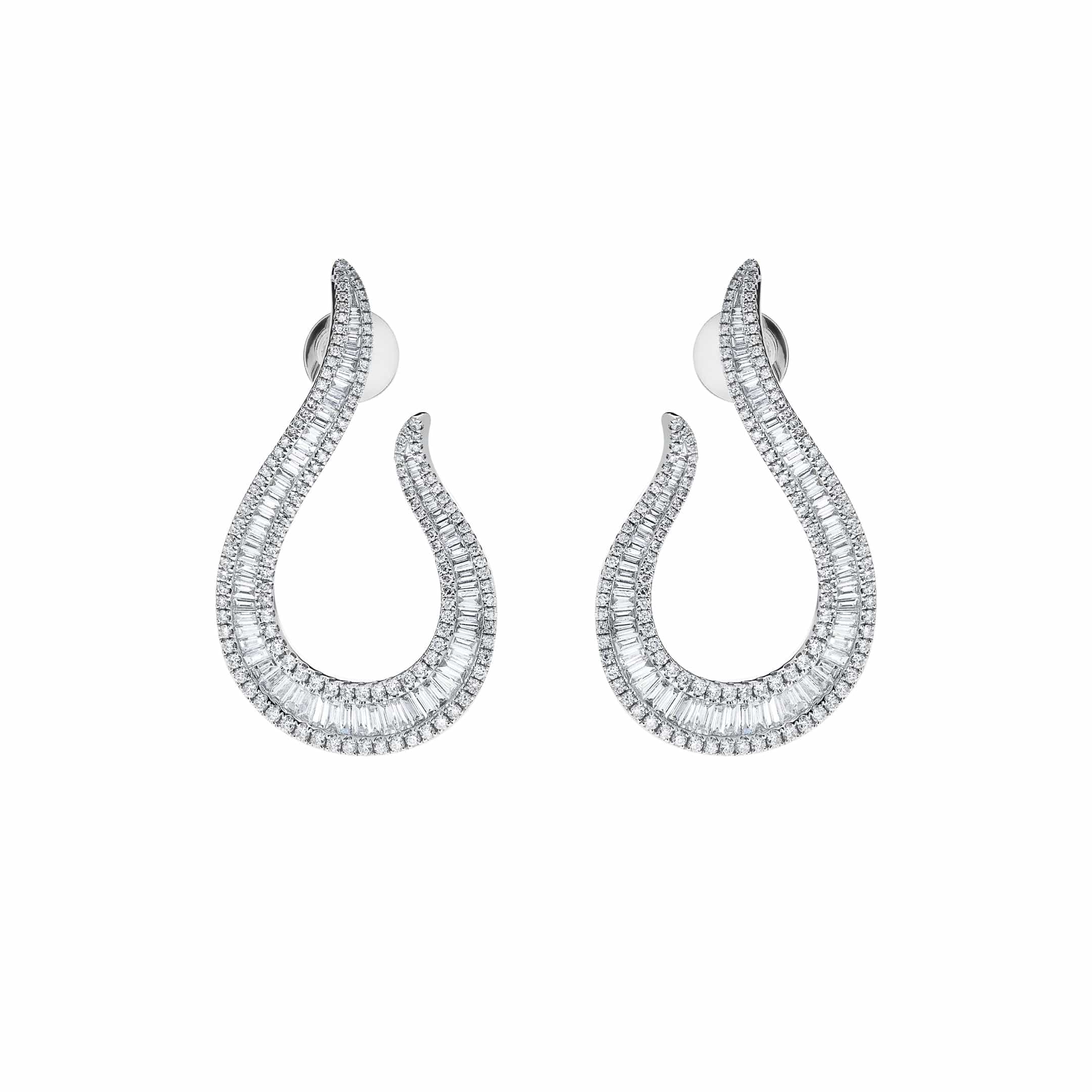 Baguette and Pave Diamond Drop White Gold Earrings