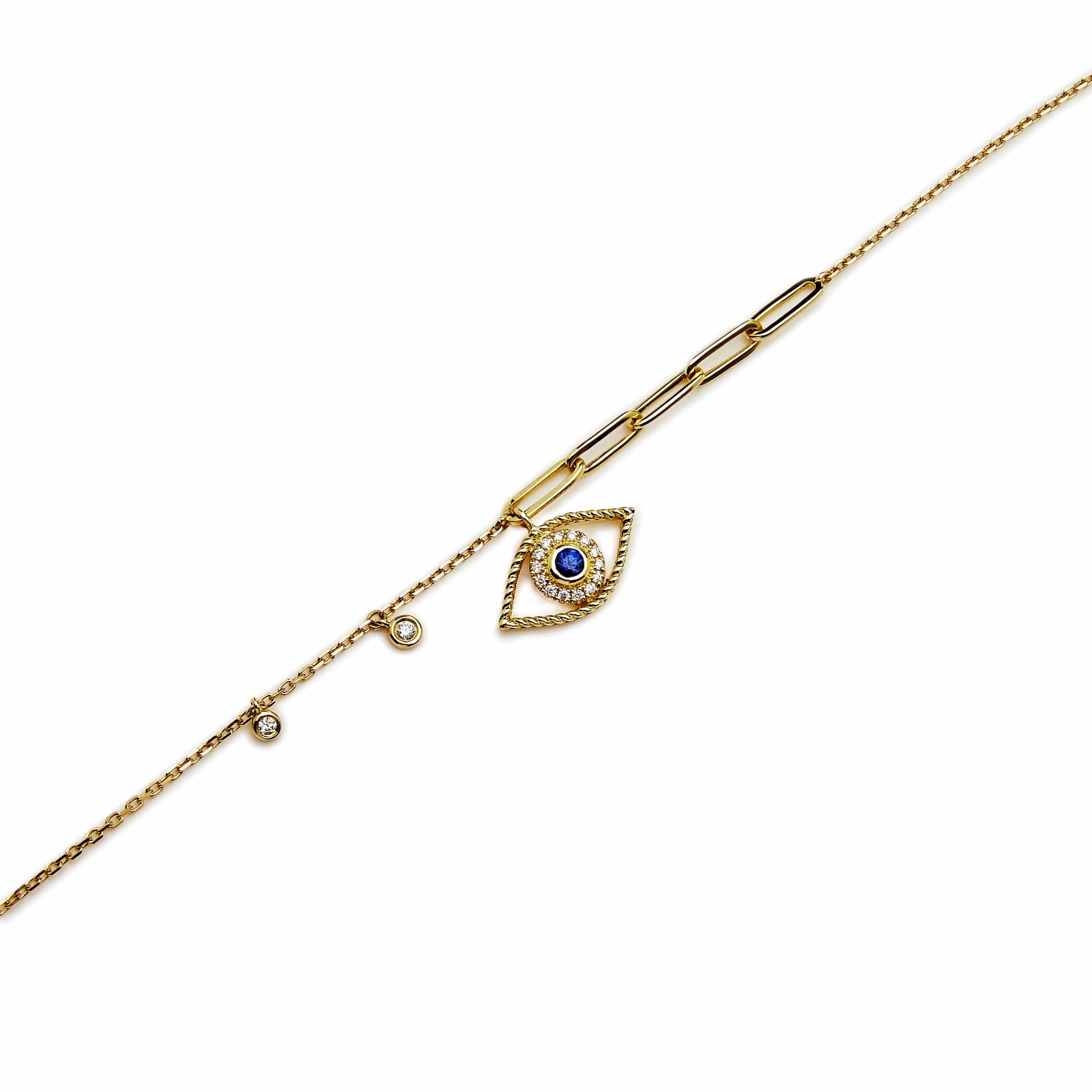 Evil Eye Blue Sapphire and White Diamond Yellow Gold Chain Bracelet
