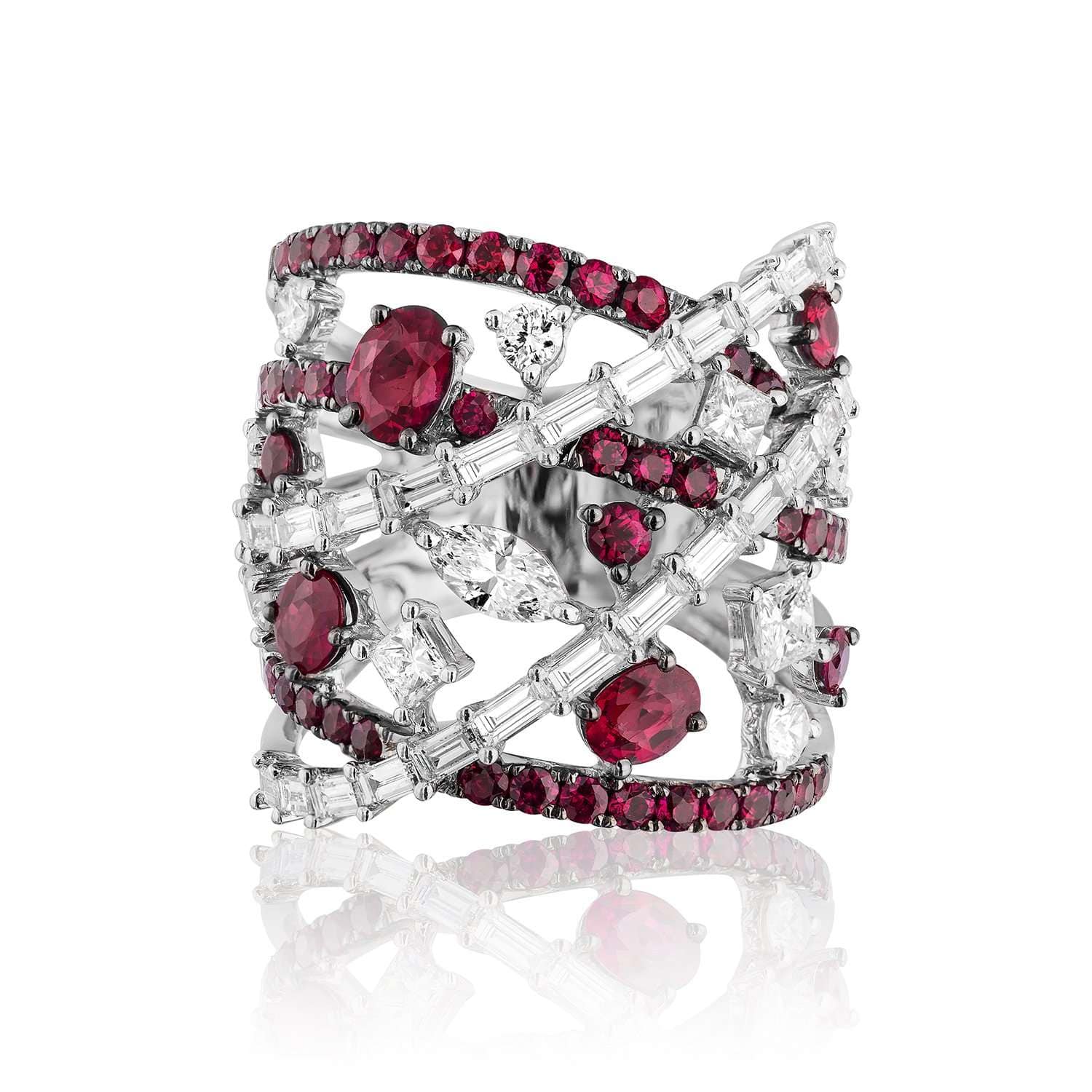 White Gold Diamond and Ruby Stacked Ring