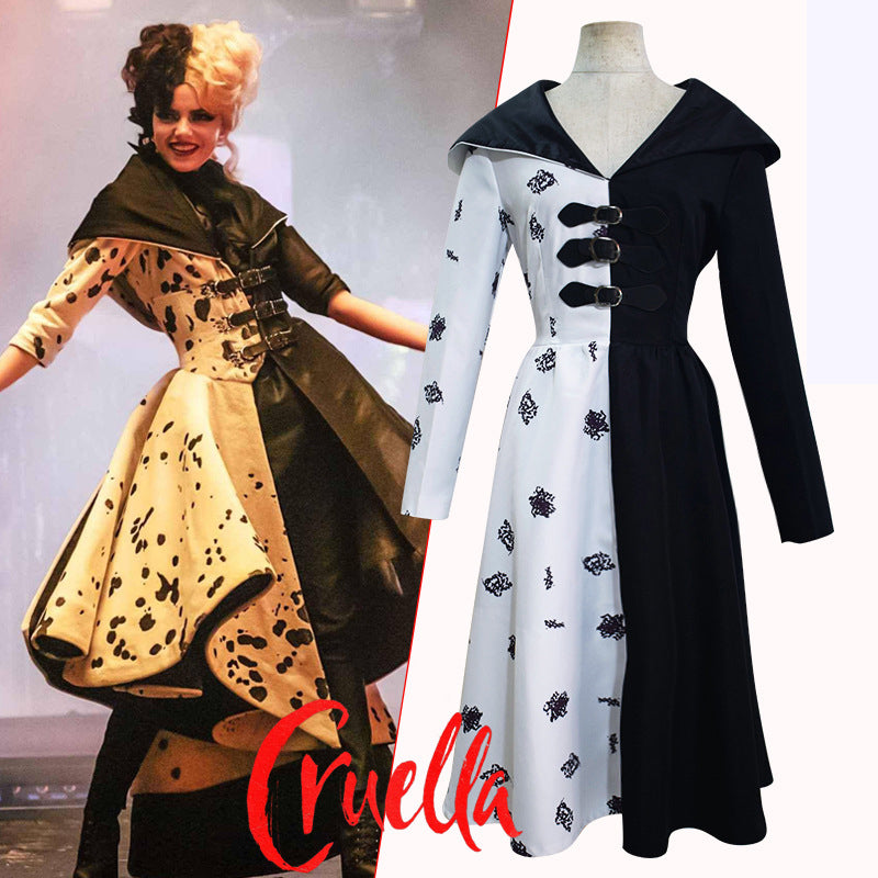 2021 Cruella deville Dalmatians Cosplay Costume Long Sleeve Dress Halloween Party Props