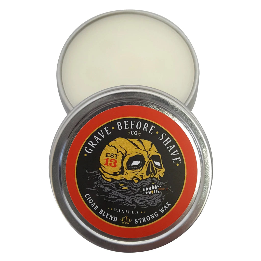 GRAVE BEFORE SHAVE? Cigar Blend Strong Hold Mustache Wax 1oz Tin (Cigar/Vanilla Scent)