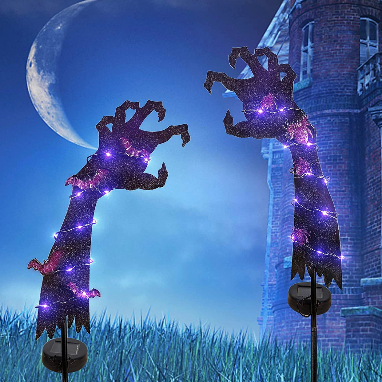 Solar Halloween Yard Decorations, Outdoor LED Solar Powered Ghost Hand Halloween Pathway Lights, Metal Garden Stakes Lawn Yard Ornament, Set of 2