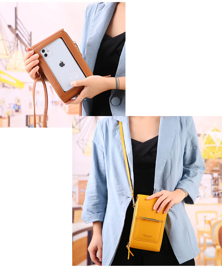 touch screen crossbody phone bag brown yellow