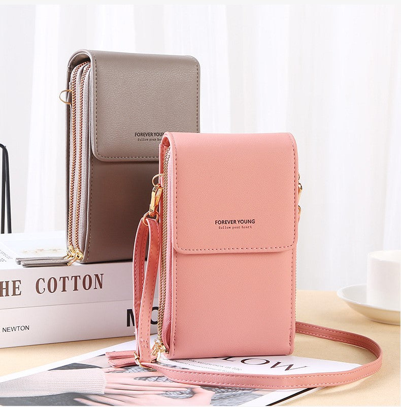 touch screen phone bag taupe pink
