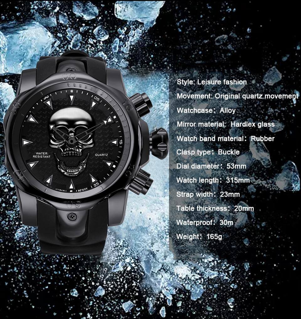 new big dial rotatable 3d skull watch mens