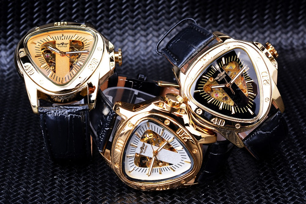 fashion triangle golden skeleton men watch6