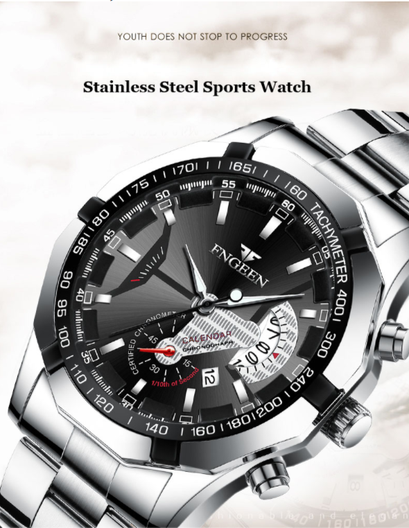 Stainless Steel Sports Watch Silver Black1