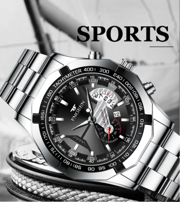 Stainless Steel Sports Watch Silver Black5