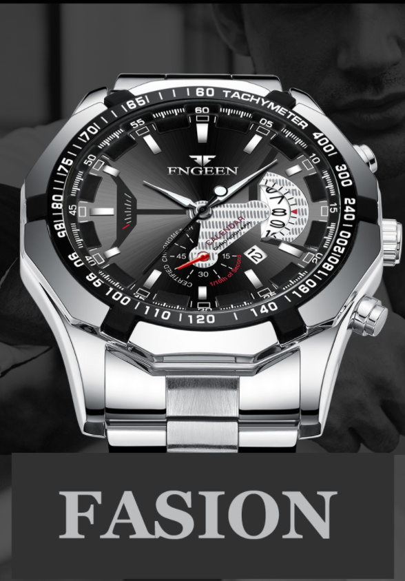 Stainless Steel Sports Watch Silver Black4