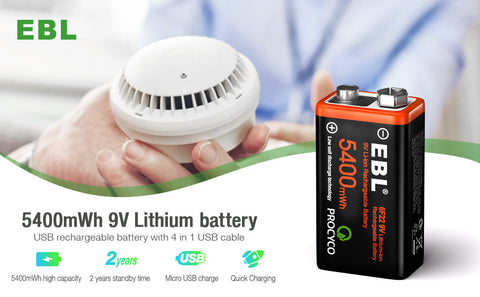 EBL 1/4Pcs USB 9V Rechargeable Battery Li-ion 5400mWh