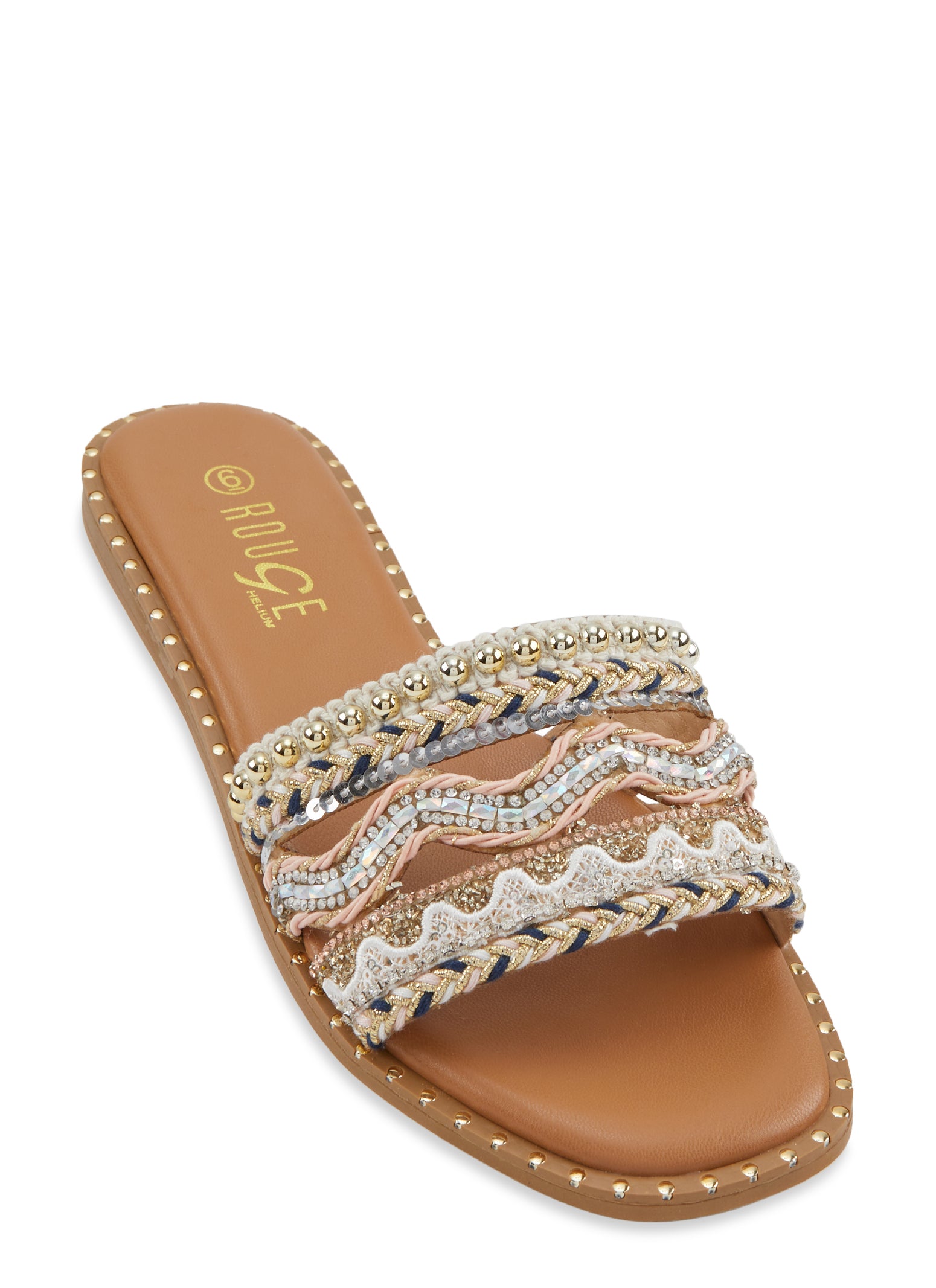 Studded Embroidered Sequin Cut Out Band Slide Sandals