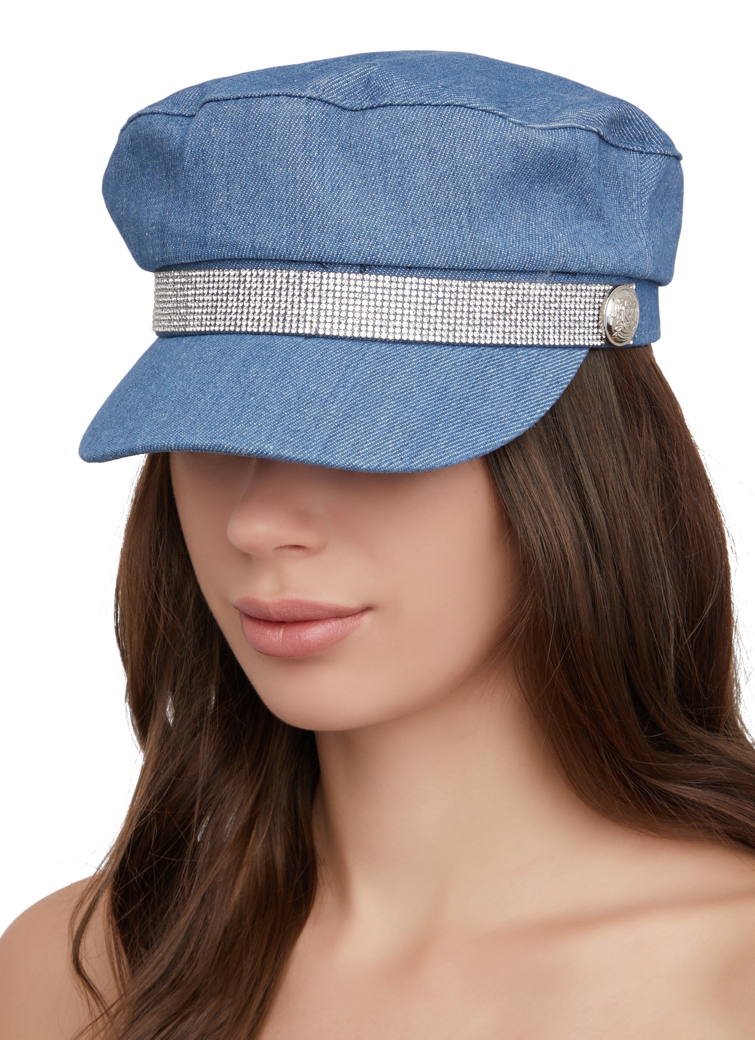 Rhinestone Trim Denim Cabbie Hat