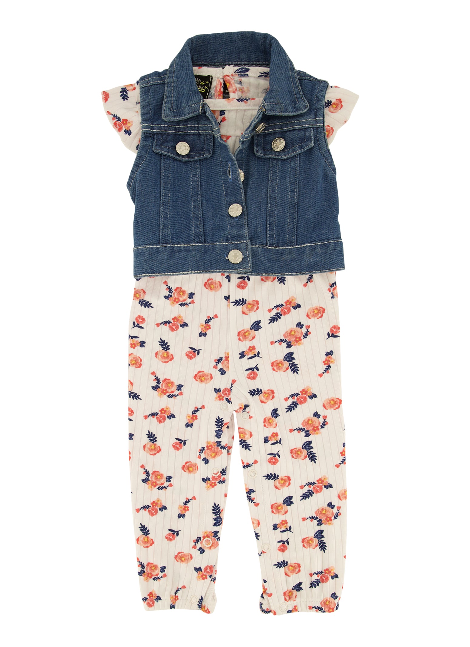 Baby Girls 12-24M Ribbed Floral Print Jumpsuit with Denim Vest