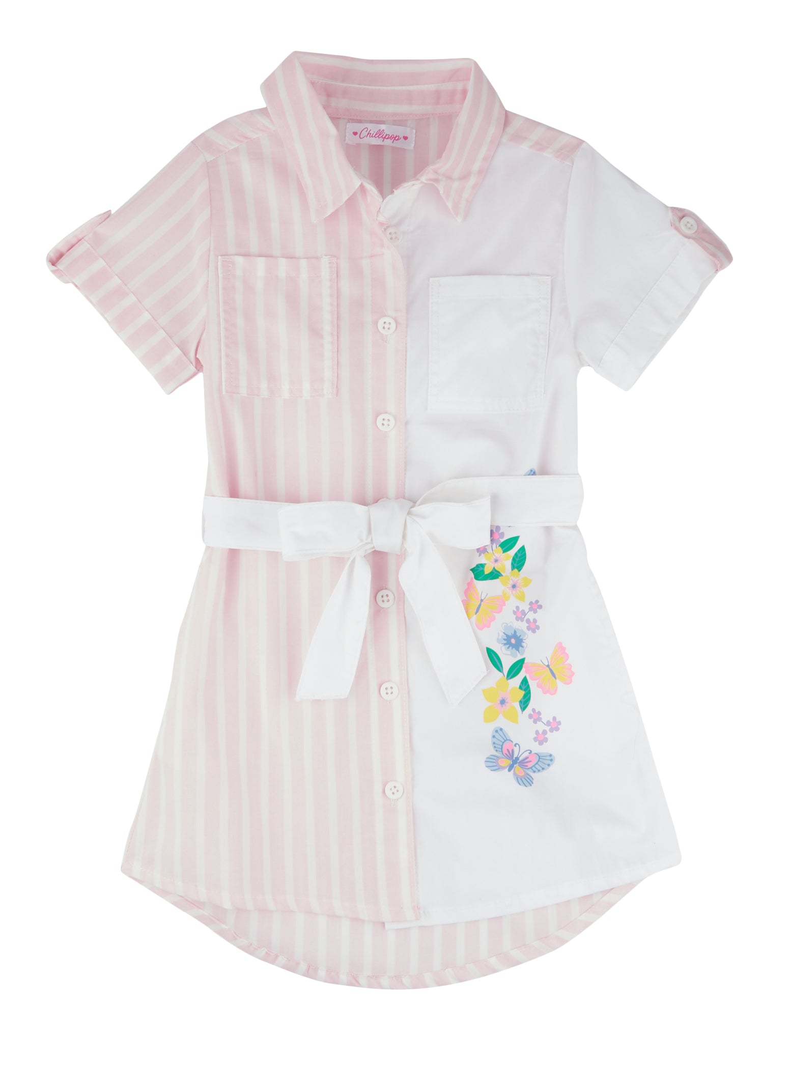 Little Girls Striped Color Block Button Front Shirt Dress