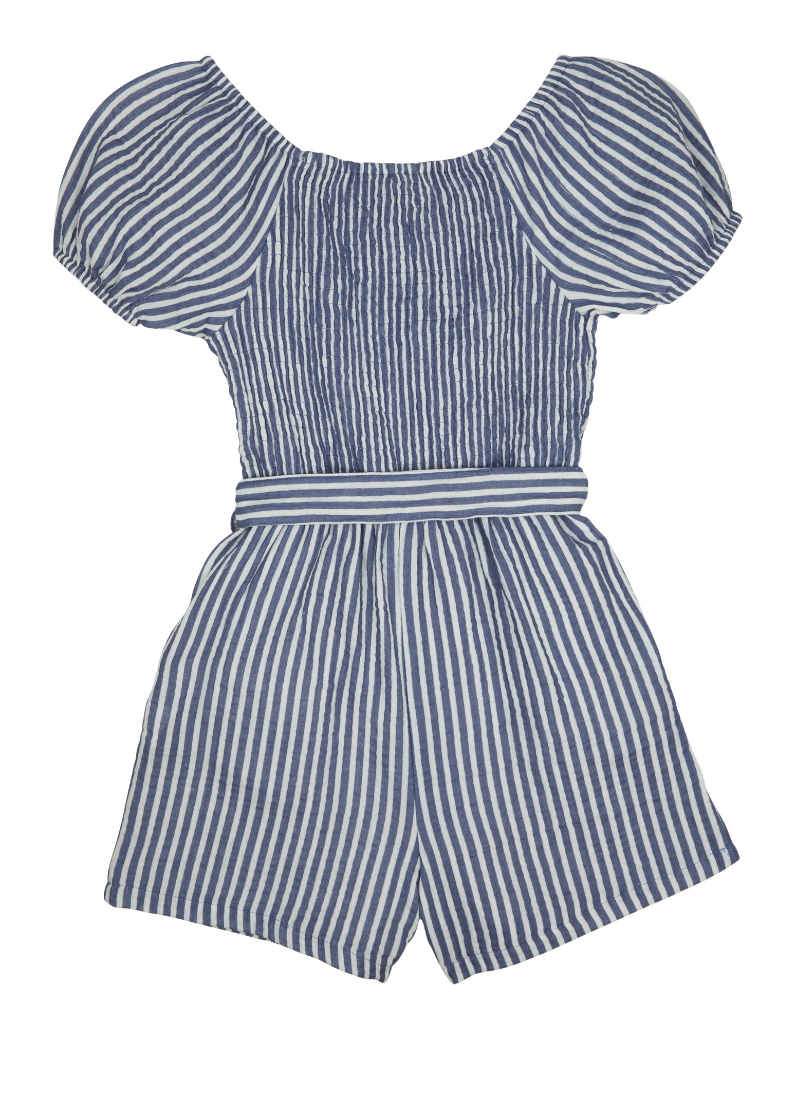 Girls Striped Puff Sleeve Tie Waist Belted Romper