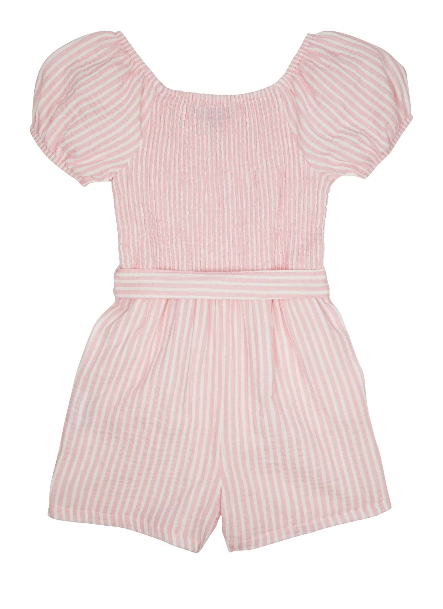 Girls Striped Puff Sleeve Tie Waist Belted Romper