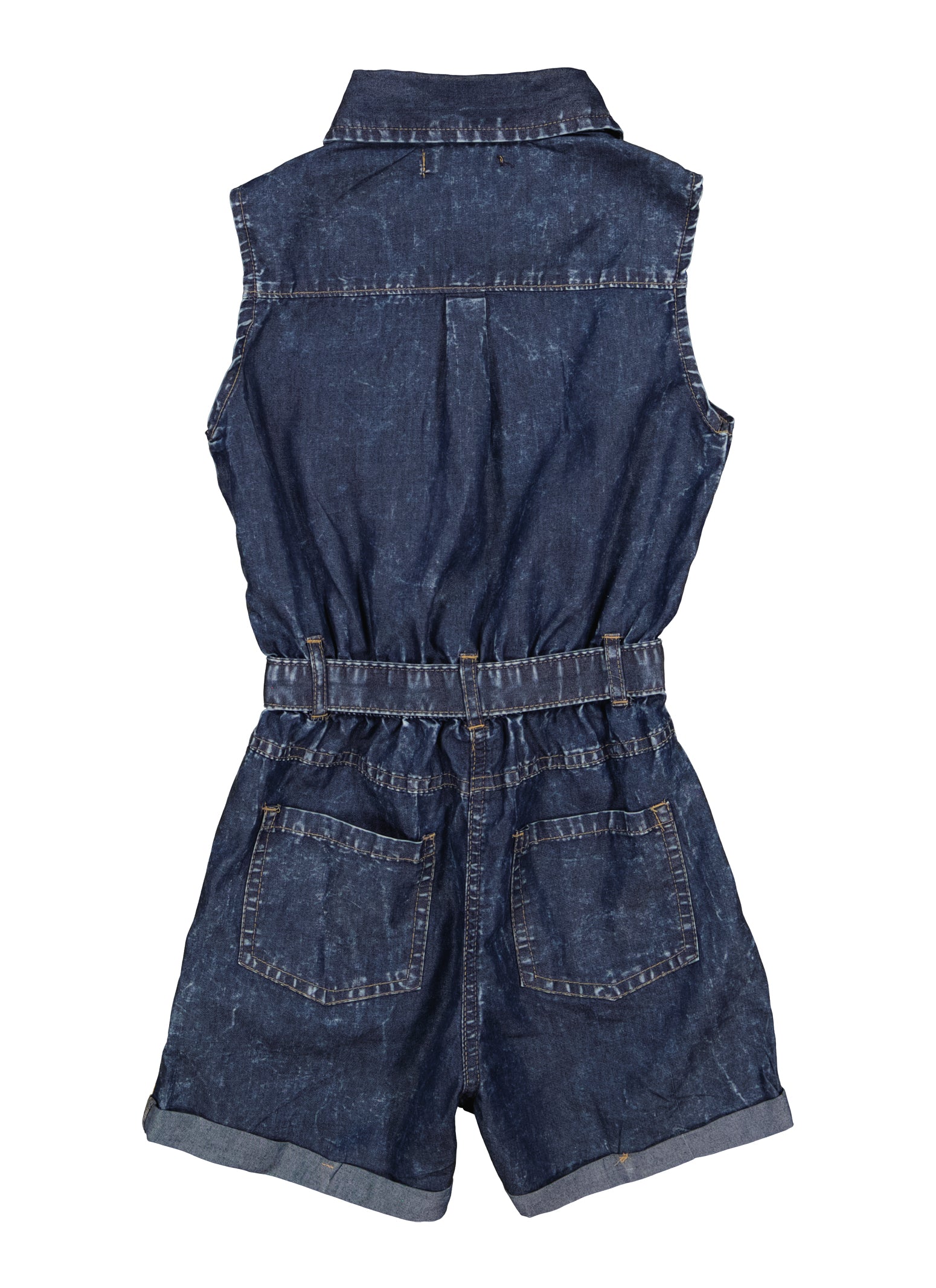 Girls Sleeveless Tie Waist Denim Romper