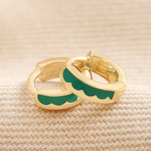 Green Enamel Scalloped Gold Huggie Hoop Earrings