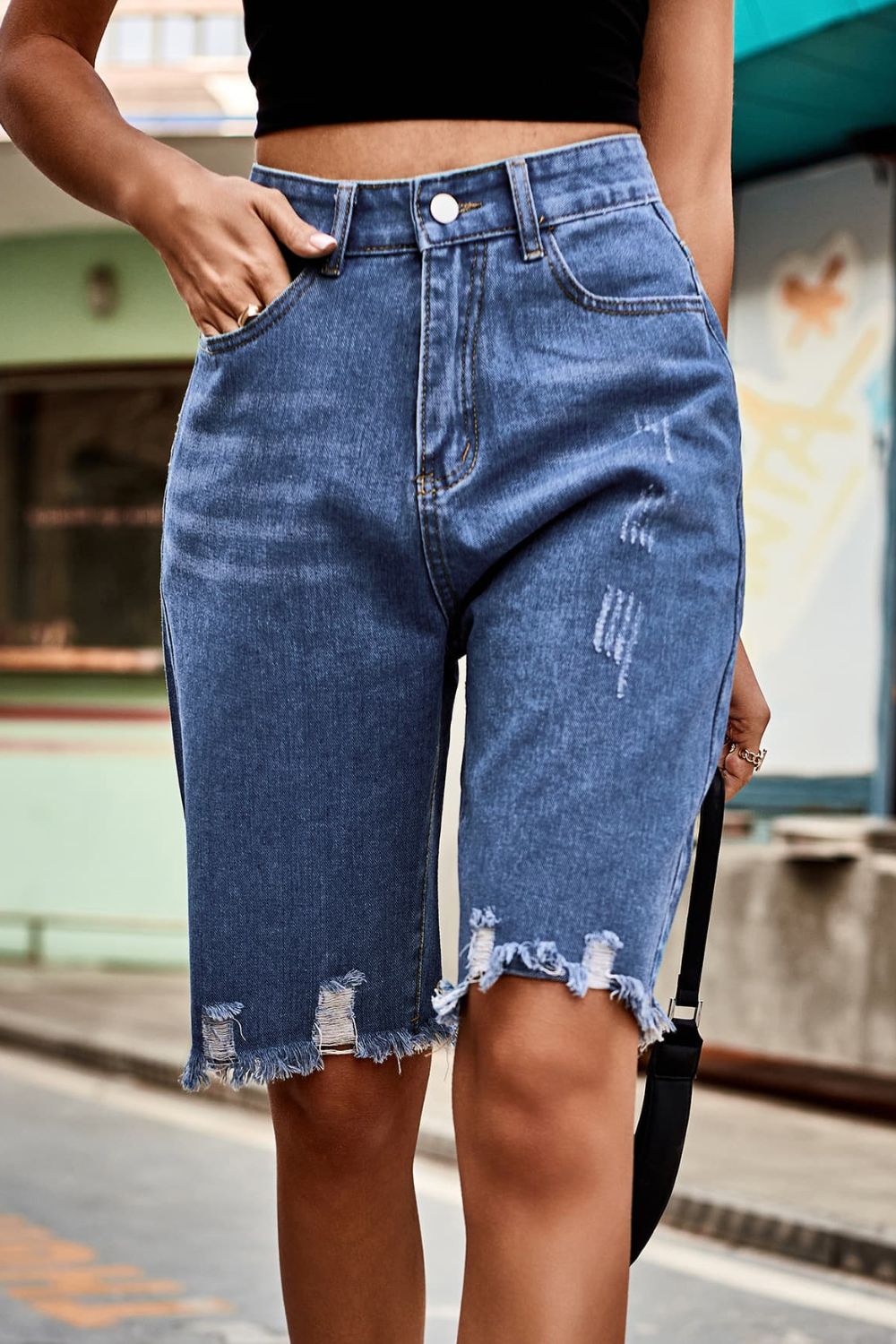 Raw Hem High Waist Denim Shorts with Pockets