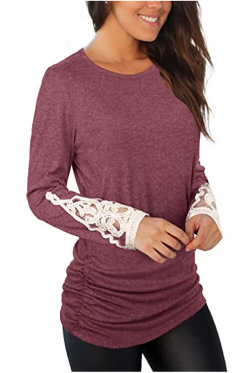 Lace Detail Long Sleeve Round Neck T-Shirt