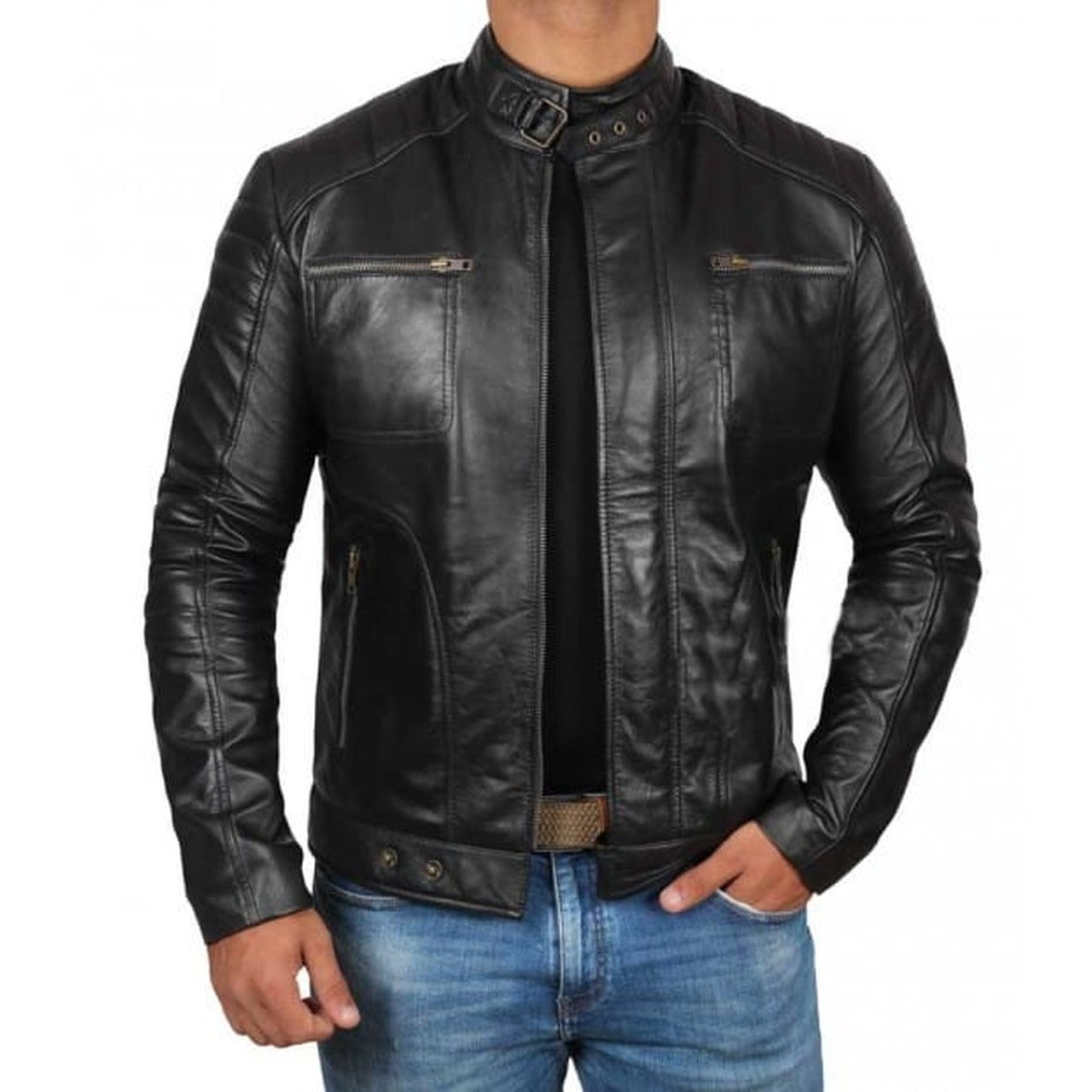 Black Genuine Leather Biker Jacket Men