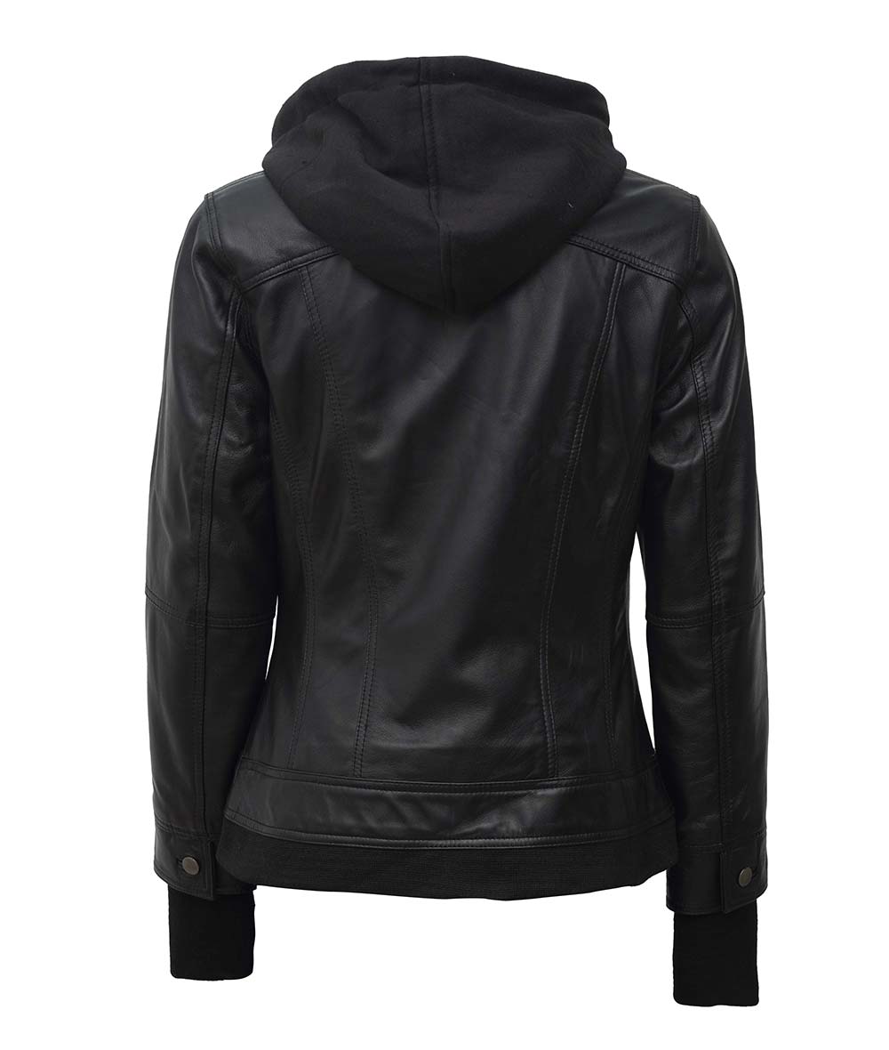 Black Bomber Jacket Womens  Hooded Leather Women