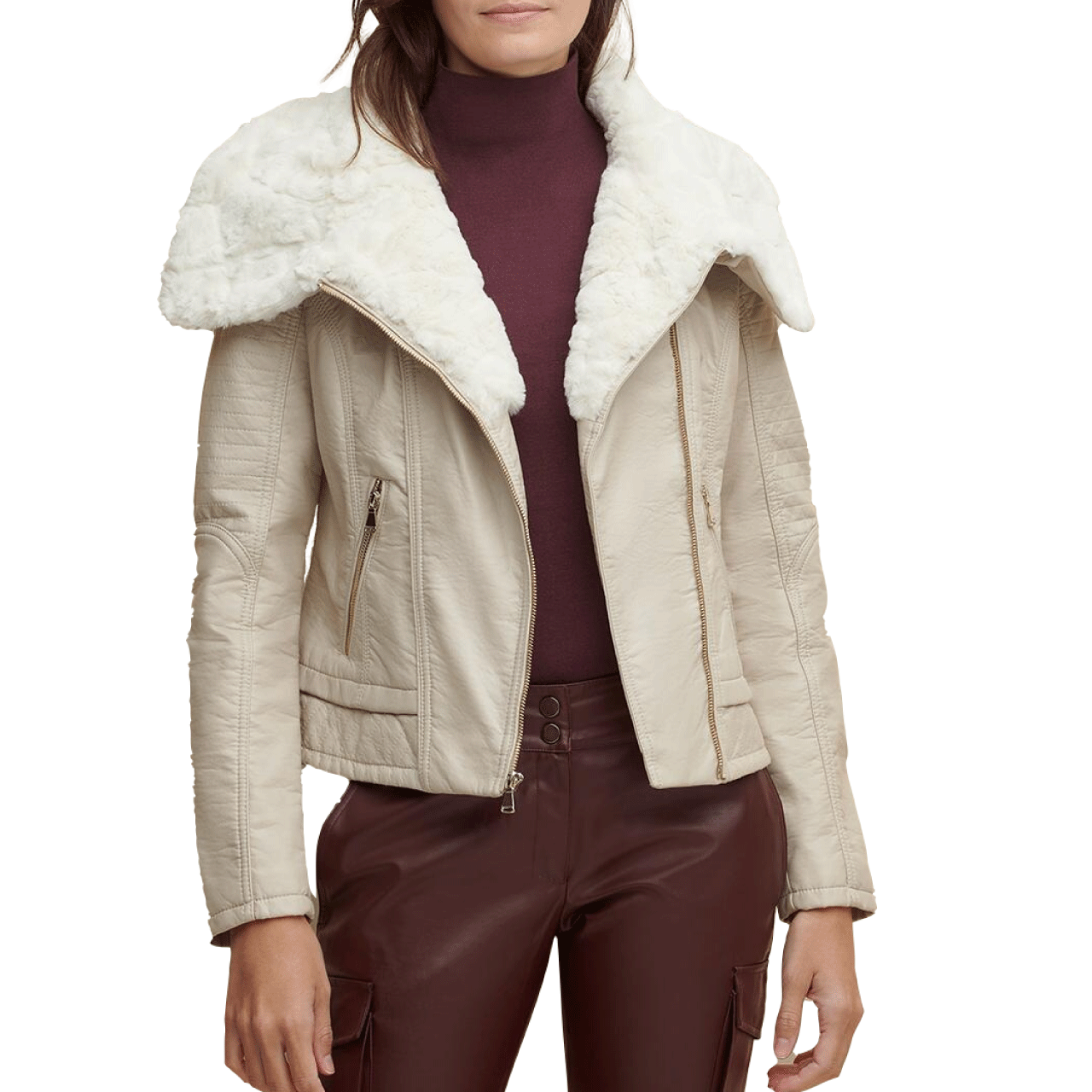 Stylish Cream Color Fitted FUR Shearling Sheepskin Leather Jacket Women