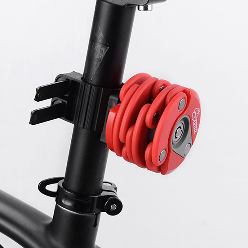 Bicycle Foldable Chain Lock Folded Round W/ Bracket Mount on Bike Pocket Storage Easy Use Key Lock Type Safe Locking