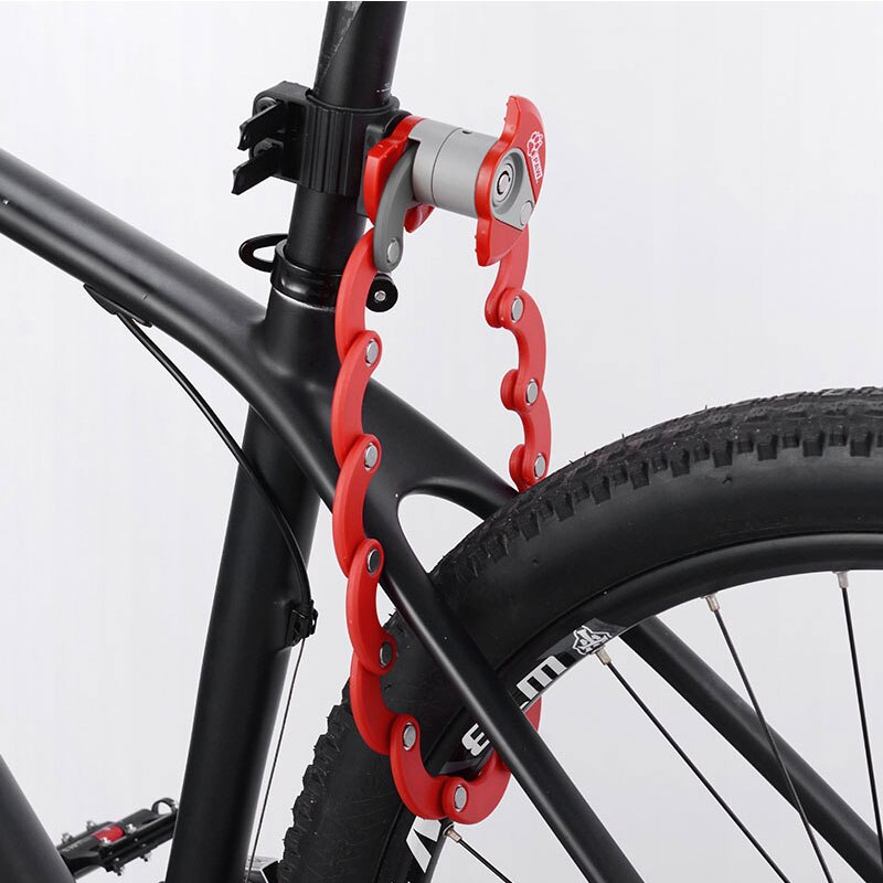 Bicycle Foldable Chain Lock Folded Round W/ Bracket Mount on Bike Pocket Storage Easy Use Key Lock Type Safe Locking