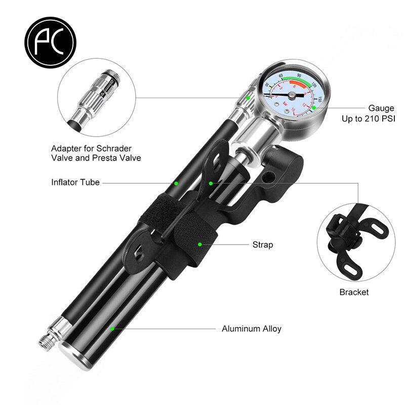 Bicycle Pump with Pressure Gauge Cycling Hand Aluminum Alloy Air Pump Ball MTB Mountain Bike