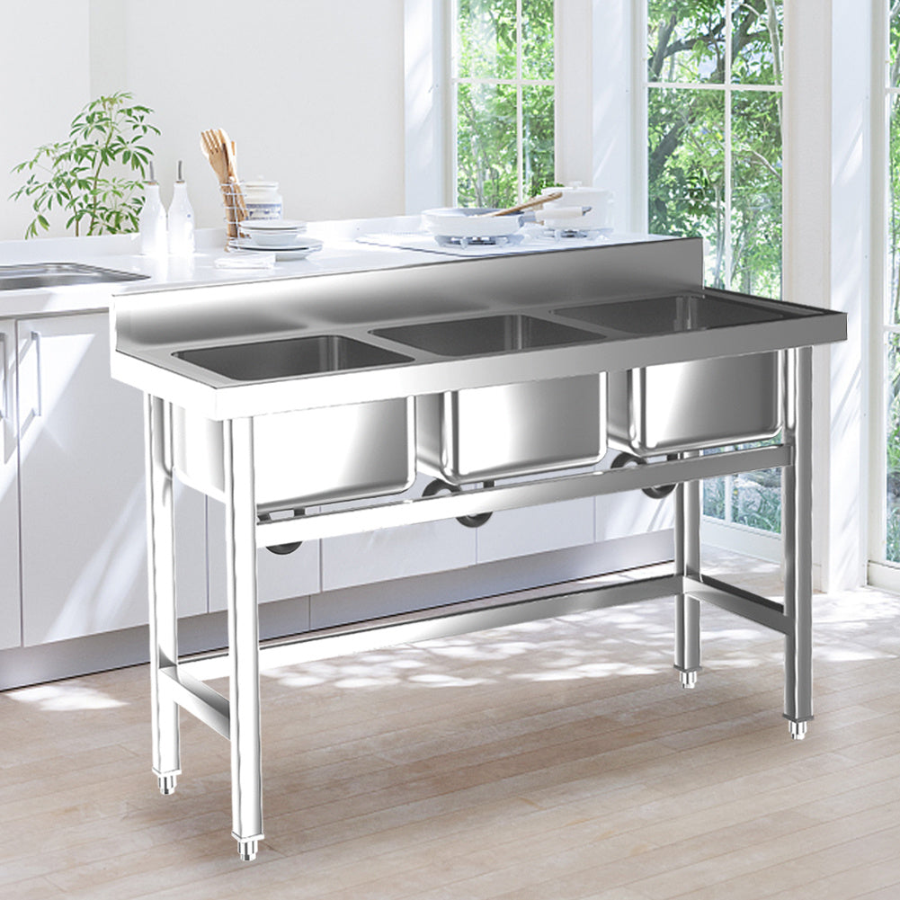 Commercial Catering Stainless Steel 3 Bowls Sink Kitchen Handmade WashTable