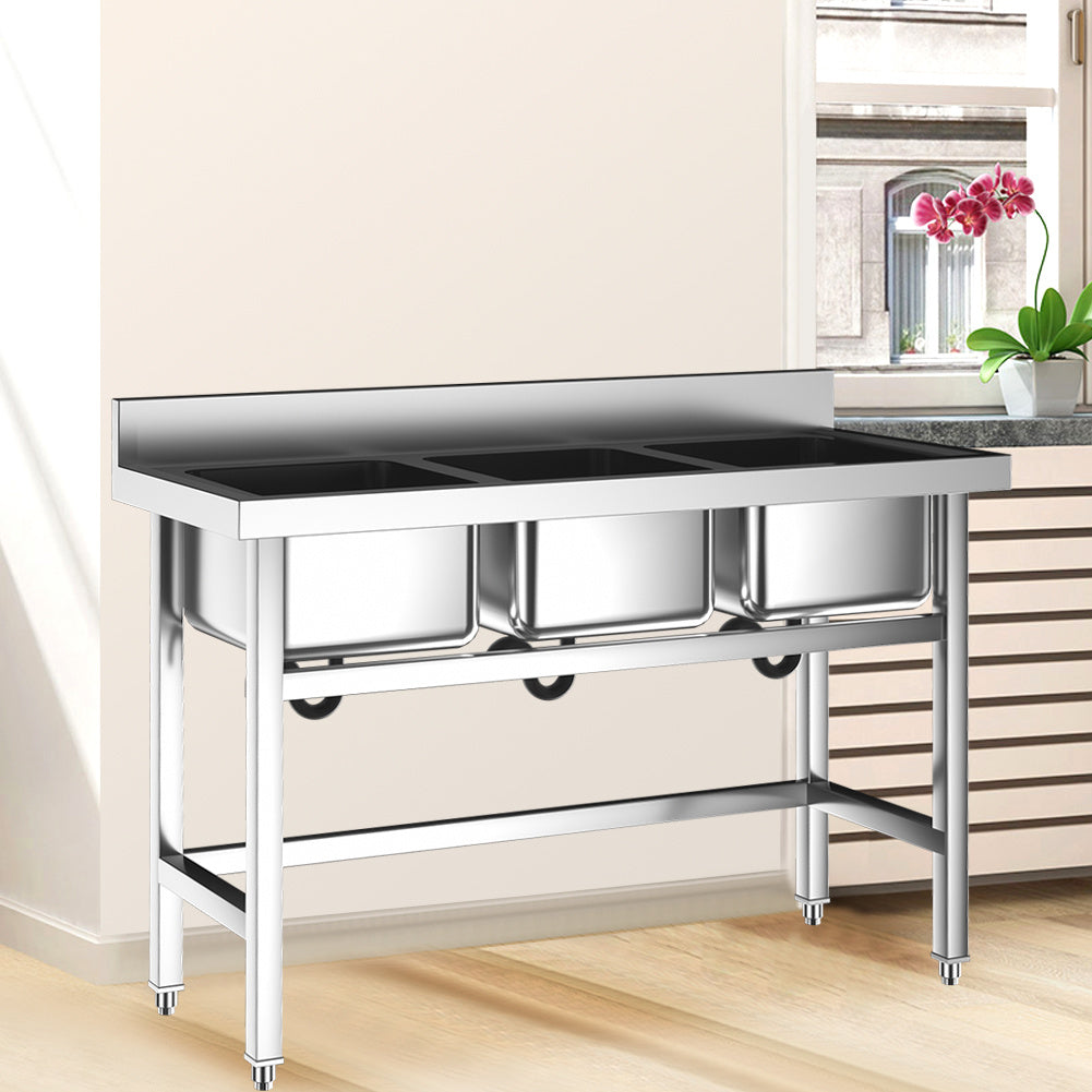 Commercial Catering Stainless Steel 3 Bowls Sink Kitchen Handmade WashTable