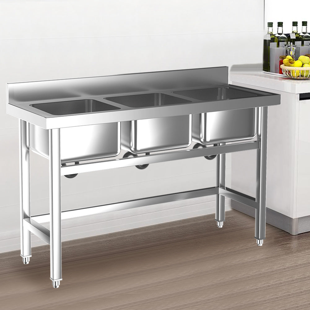 Commercial Catering Stainless Steel 3 Bowls Sink Kitchen Handmade WashTable