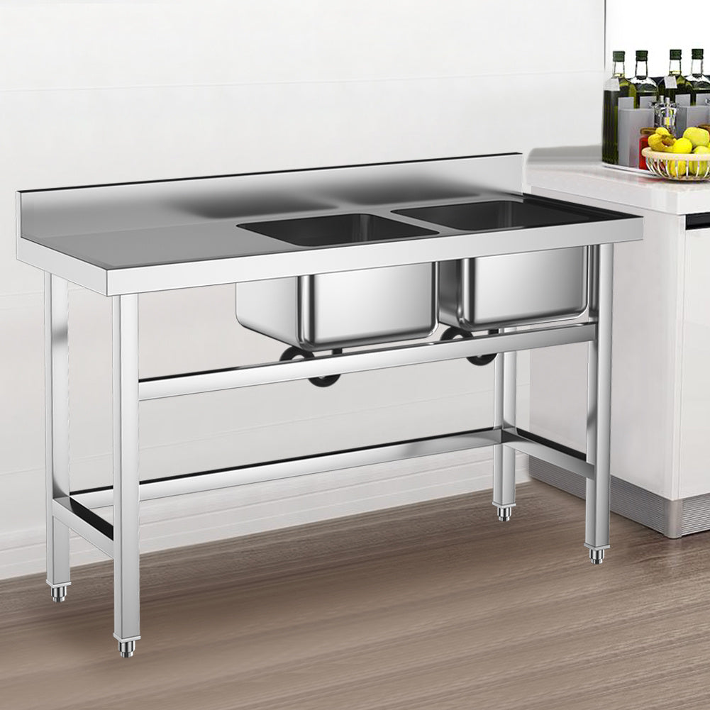 Stainless Steel Sink Catering Kitchen Commercial Double Bowl Left Drainer