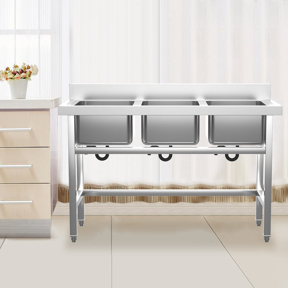 Commercial Catering Stainless Steel 3 Bowls Sink Kitchen Handmade WashTable