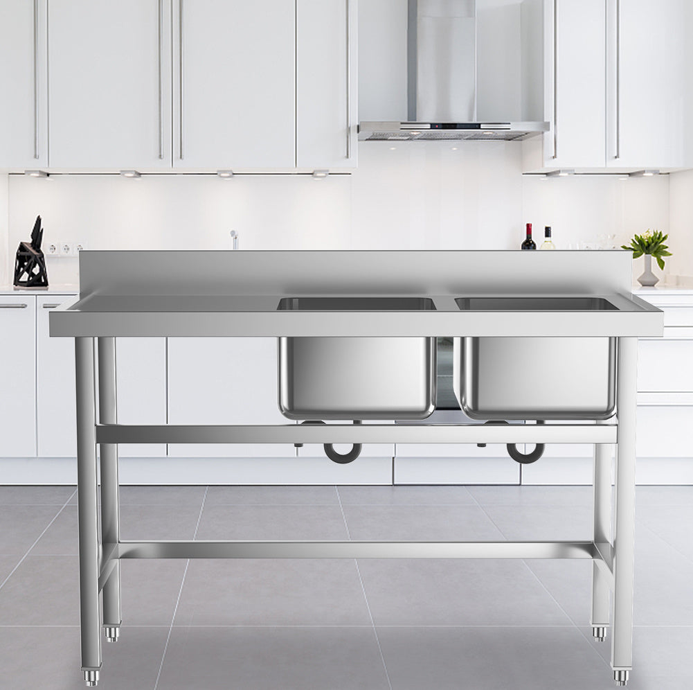 Stainless Steel Sink Catering Kitchen Commercial Double Bowl Left Drainer