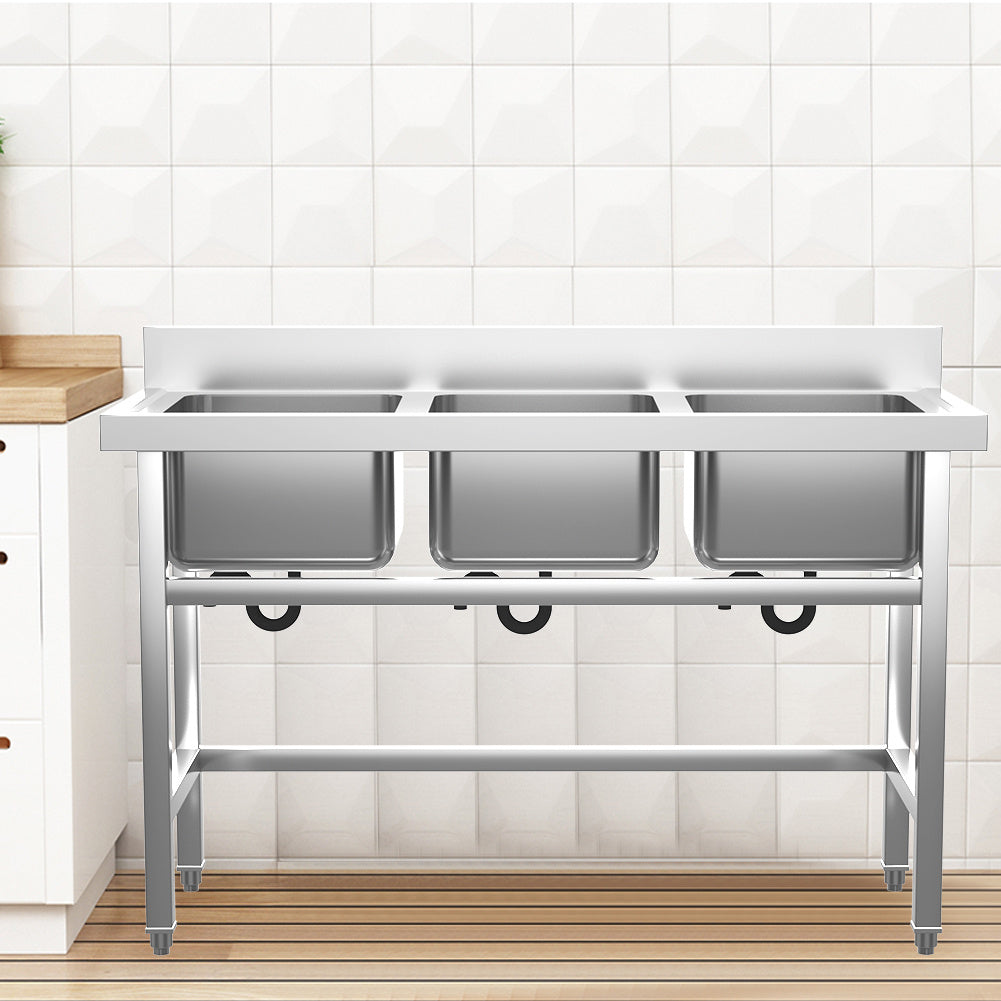Commercial Catering Stainless Steel 3 Bowls Sink Kitchen Handmade WashTable