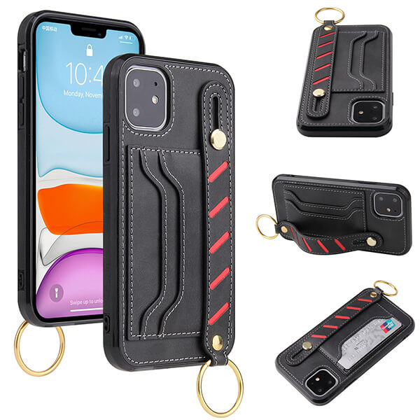 Multi-Card Slots Phone Wallet Case with Wrist Band Kickstand for iPhone