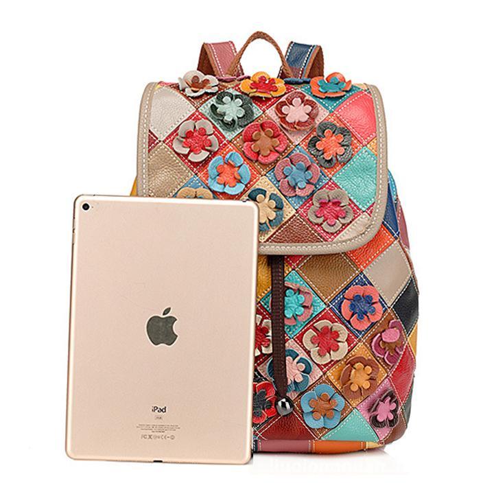 Genuine?Leather Anti-theft Multicolor Flower Backpack