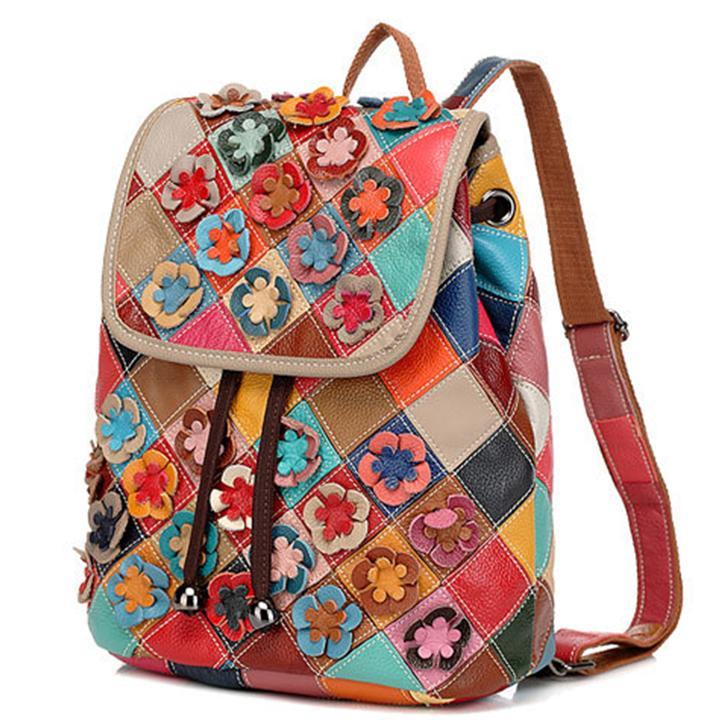 Genuine?Leather Anti-theft Multicolor Flower Backpack