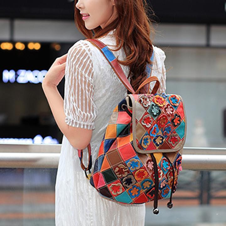 Genuine?Leather Anti-theft Multicolor Flower Backpack