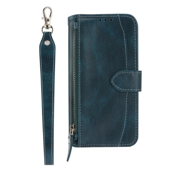 Oil Wax Zipper Phone Case Wallet with Wrist Strap and Card Slots for iPhone