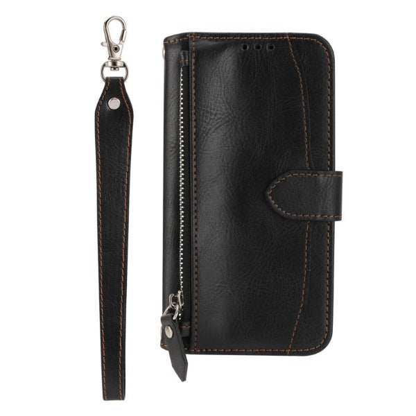 Oil Wax Zipper Phone Case Wallet with Wrist Strap and Card Slots for iPhone