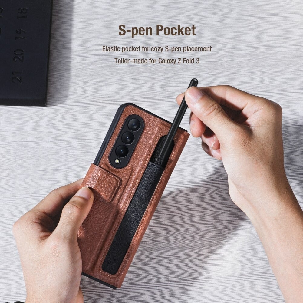 Samsung Galaxy Z Fold 3 Leather Phone Case Kickstand with S Pen Slot (S Pen Not Included)