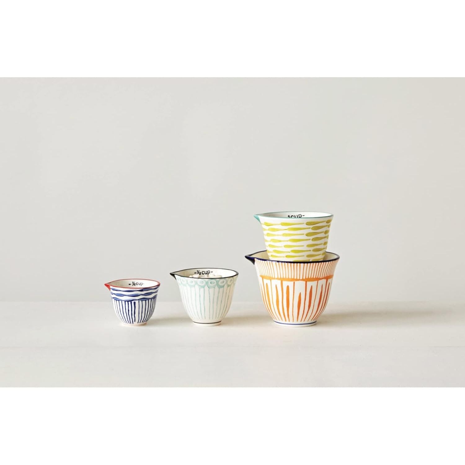 Hand Stamped Striped Stoneware Measuring Cups  Set 4