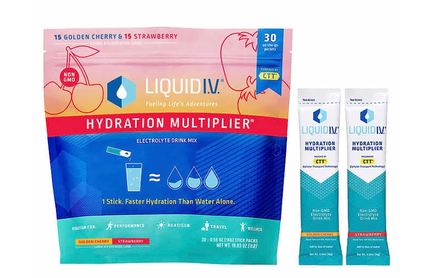 Liquid I.V. Hydration Multiplier, 30 Individual Serving Stick Packs in Resealable Pouch Flavor : Golden Cherry & Strawberry