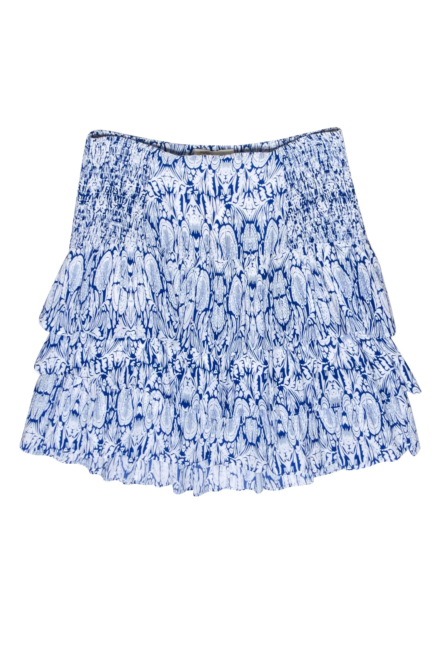 Maje - Blue & White Abstract Leaf Print Ruffled Mini Skirt Sz L