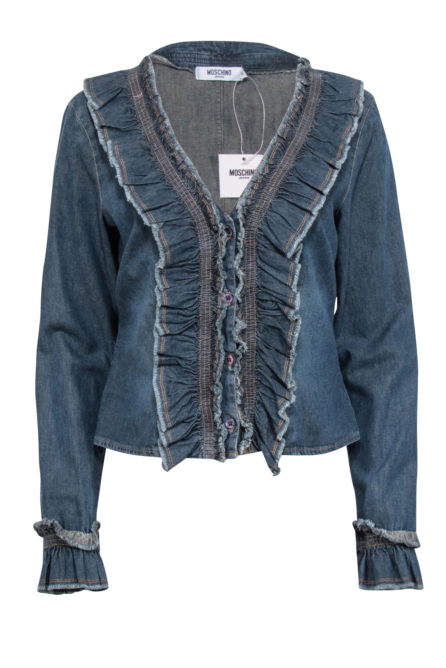 Moschino Jeans - Chambray Ruffled Button Up Blouse Sz 12